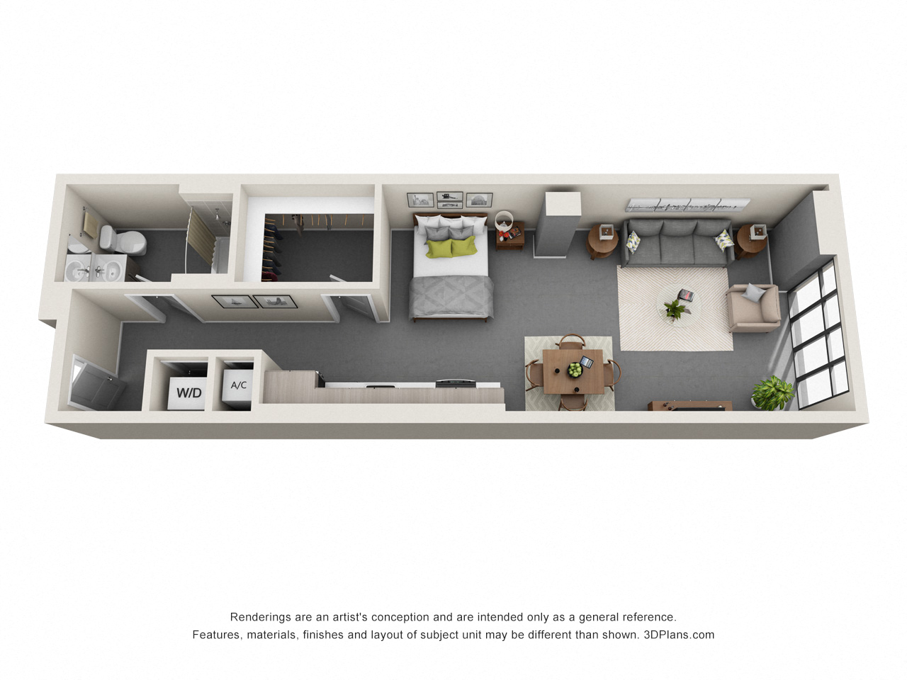 Floor plan for studio, 1 bath, 644 sqft